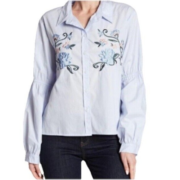 NEW Sanctuary Anthropologie Women's S Blue Button Down Shirt Floral Embroidery - Picture 1 of 8
